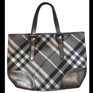 Burberry Check Byron Silver Metallic Leather Tote